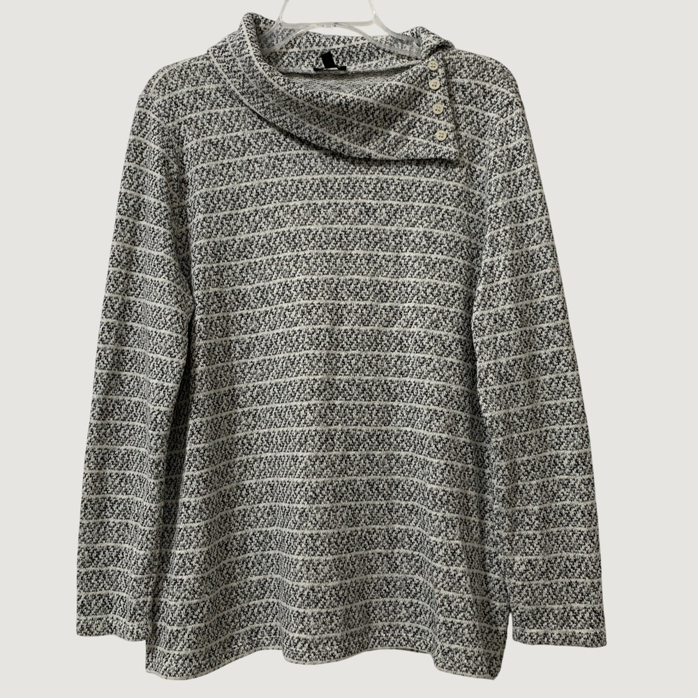 Talbots Sweater Women L Black White Cowl Neck Marled Stripe Long Sleeve Knit Top